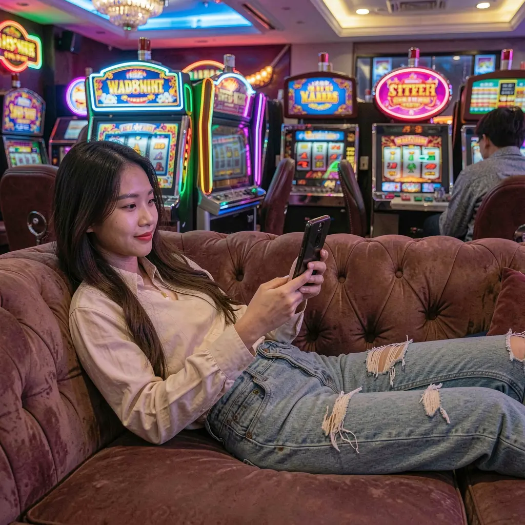 PP88 App – A smooth and stylish mobile casino experience for players in Vietnam Vietnamese woman relaxing on a sofa while using the PP88 mobile casino app with colorful slot machines and neon lights behind her