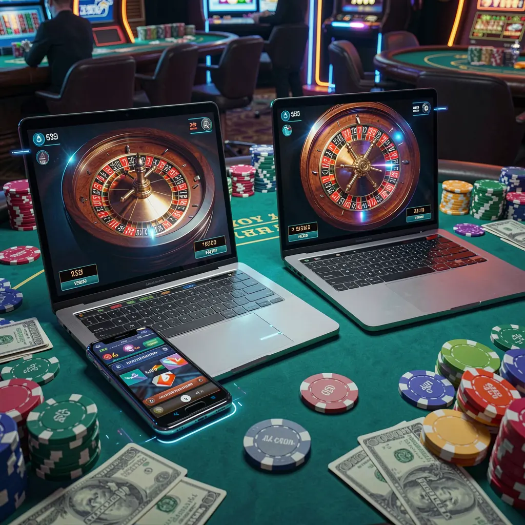 PP88 – Experience live roulette action anytime in Vietnam Modern online casino experience with live roulette displayed on a laptop and smartphone surrounded by chips representing the premium gaming style of PP88 in Vietnam