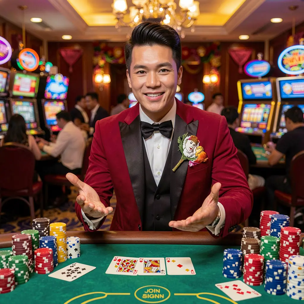 PP88 Login – Fast and easy sign in for players across Vietnam Friendly Vietnamese live dealer in a red jacket pointing forward inside a vibrant casino atmosphere encouraging users to sign in to PP88 Vietnam